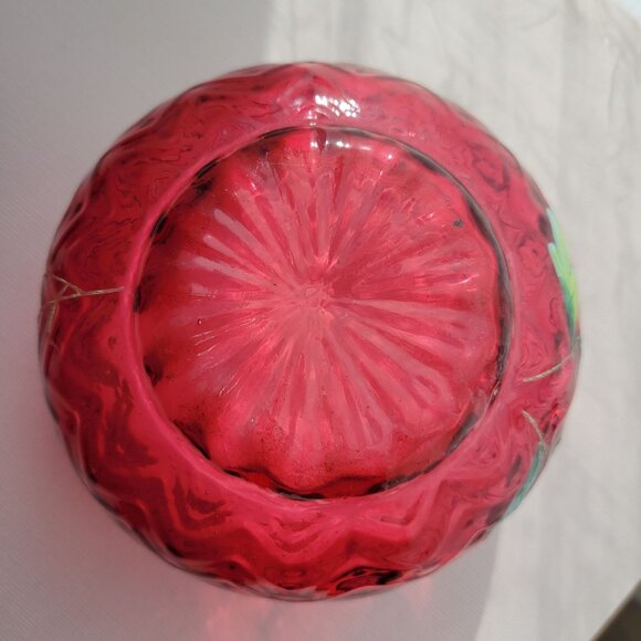Vintage Hand-Painted Cranberry Glass Bowl Handpainted Floral Design &Chevron Pat - Picture 10 of 13